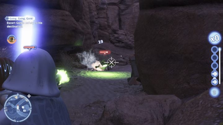 Eskortując droida strzelajcie do wszystkich napotkanych wrogów - LEGO Skywalker Saga: Podróż za jeden gonk (Going, Going, Gonk) - solucja, opis przejścia - LEGO Skywalker Saga - poradnik do gry