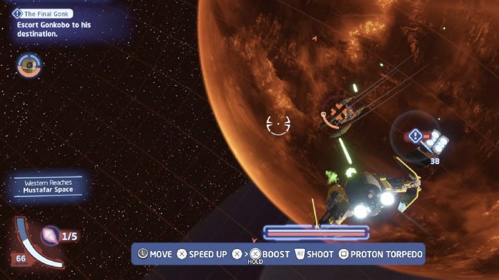 Przyjmijcie zadanie od zleceniodawcy w przestrzeni lokalnej planety Mustafar i podążajcie za nim - LEGO Skywalker Saga: Gonk ostateczny (The Final Gonk) - solucja, opis przejścia - LEGO Skywalker Saga - poradnik do gry