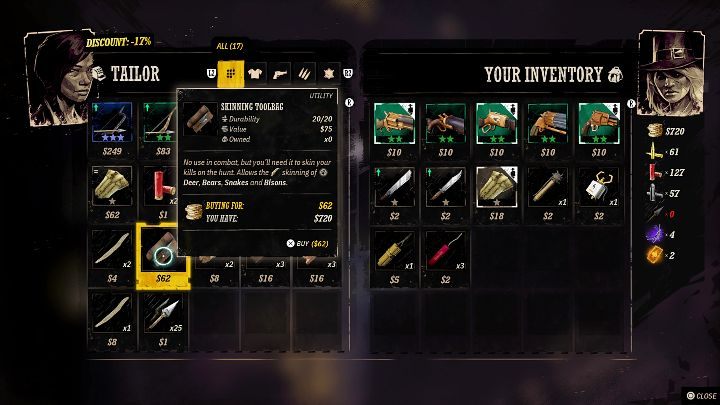 Aby rozpocząć skórowanie zwierząt i zbieranie materiałów, będziecie musieli zdobyć przedmiot Skinning toolbag - ten można kupić już w pierwszym mieście u krawca, który sprzedaje różne wyroby, w tym niezbędne narzędzia - Weird West: Skinning Toolbag: skąd wziąć? - Weird West - poradnik do gry