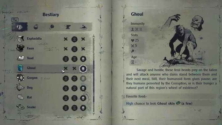 Nieumarłe Ghoule są silnymi przeciwnikami i warto wykorzystywać ich jako swoich pomocników we wczesnych fazach gry (Ghoul Skin upuszczają niektórzy ludzie w stanie Corruption w Wasteland) - The Serpent Rogue: Bestiariusz (Bestiary) - wszystkie strony - The Serpent Rogue - poradnik do gry