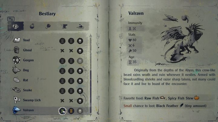 Valravna spotkacie w lokacji Swamp (na północy - zwykły, na wschodzie, za głęboką wodą - Corrupted) oraz jako bossa strzegącego drzewa w Wasteland - The Serpent Rogue: Bestiariusz (Bestiary) - wszystkie strony - The Serpent Rogue - poradnik do gry