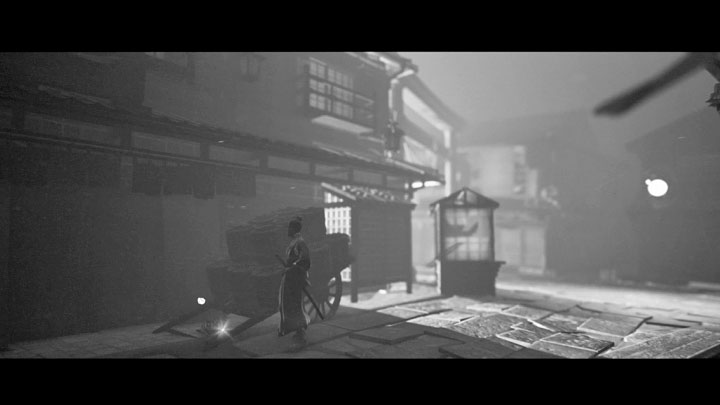 W lokacji ze straganami i budynkami zajmijcie się zbadaniem zaznaczonej na obrazku 1 lewej alejki - Trek to Yomi: Rozdział 6 - solucja, opis przejścia - Trek to Yomi - poradnik do gry