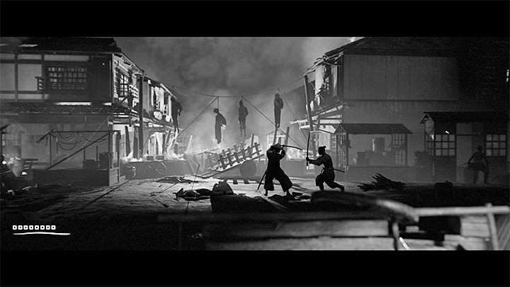 Wdrapcie się na drewnianą konstrukcję przy lewym palącym się budynku i przemieśćcie się w prawo - Trek to Yomi: Rozdział 3 - solucja, opis przejścia - Trek to Yomi - poradnik do gry