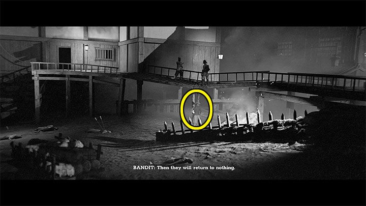 Dotrzecie do miejsca, w którym na górnej kładce zauważycie rozmawiających ze sobą przeciwników - Trek to Yomi: Rozdział 3 - solucja, opis przejścia - Trek to Yomi - poradnik do gry