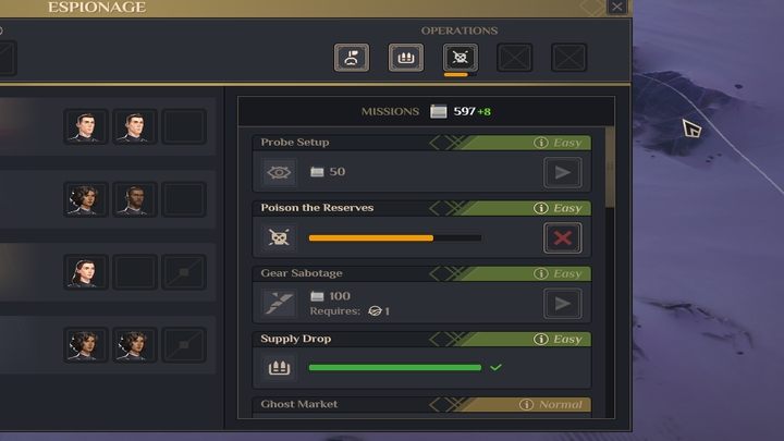 Świetnym mechanizmem obrony są działania agentów - obserwując ruchy wojsk, możecie już wcześniej skorzystać choćby z operacji Zatruj zapasy, dzięki czemu wrogie jednostki nierzadko będą zmuszone do odwrotu - Dune Spice Wars: Porady na start - Dune Spice Wars - poradnik do gry