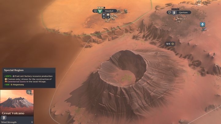 Wulkan widoczny jest przez mgłę i stanowi przeszkodę dla wojsk - Dune Spice Wars: Regiony Specjalne - opis i lista wszystkich - Dune Spice Wars - poradnik do gry