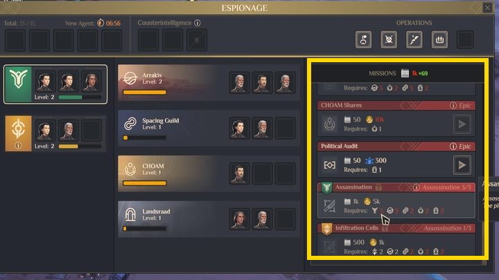 Drugi z głównych powodów przydzielania agentów do infiltracji instytucji, poza zdobywaniem zasobów, to możliwość wykonywania misji - Dune Spice Wars: Wywiad, operacje i misje - sabotaż i szpiegostwo - Dune Spice Wars - poradnik do gry
