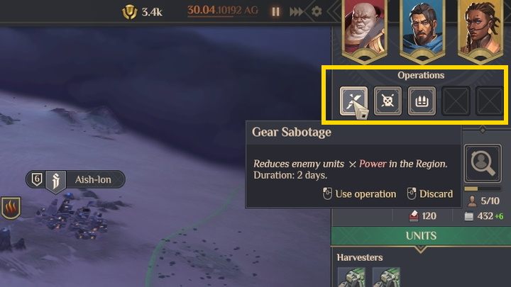 Gdy będziecie chcieli użyć określonej operacji, możecie ją wybrać z okna po prawej stronie, pod ikonami liderów frakcji - Dune Spice Wars: Wywiad, operacje i misje - sabotaż i szpiegostwo - Dune Spice Wars - poradnik do gry