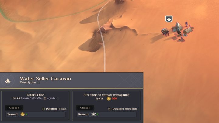 Interesujące miejsce (PoI) - Karawana Sprzedawców Wody - mogą zapewnić Wam Władzę w zamian za 500 Solari - Dune Spice Wars: Władza - Dune Spice Wars - poradnik do gry
