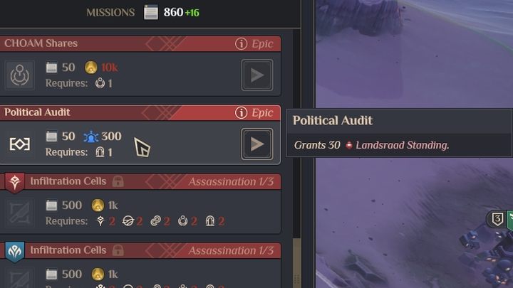 Korzystając z licznych wpływów, możecie wykorzystać operację Audyt polityczny dla zwiększenia swojej Pozycji o 30 punktów - Dune Spice Wars: Pozycja w Landsraadzie - Dune Spice Wars - poradnik do gry