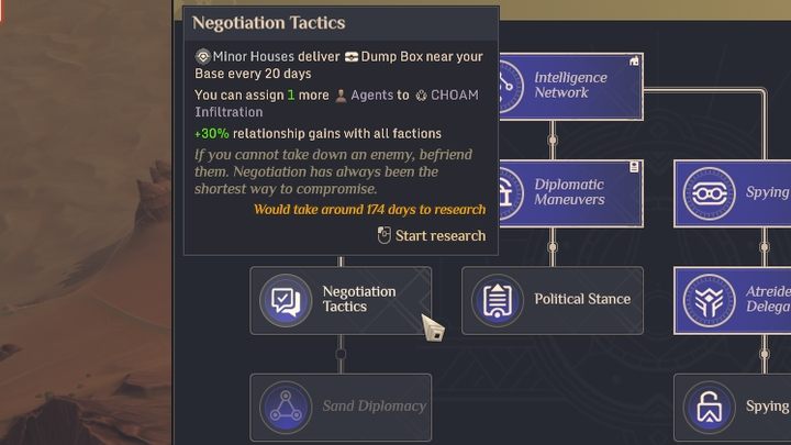 Jeszcze jeden ciekawy sposób pasywnego dochodu: odblokowując badanie Taktyka negocjacyjna (Wywiad) będziecie otrzymywać co 10 minut Skrzynkę wrzutową przy Waszej Bazie - Dune Spice Wars: Solari - Dune Spice Wars - poradnik do gry