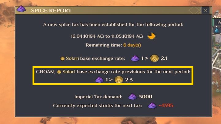 Obecny kurs wymiany w KHOAM jest widoczny w górnym lewym rogu - Dune Spice Wars: Solari - Dune Spice Wars - poradnik do gry