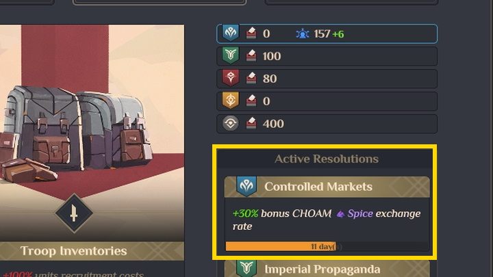 Aktualne czynniki wpływające na wzrost lub obniżenie kursu wymiany możecie sprawdzić najeżdżając kursorem precyzyjnie na aktualny kurs wymiany w górnym lewym rogu interfejsu - Dune Spice Wars: Solari - Dune Spice Wars - poradnik do gry