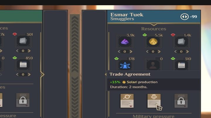Łatwa forma zwiększenia pasywnie dochodów, to Umowa handlowa z innymi frakcjami: skutkuje zwiększeniem dochodu z Solari dla obu stron o 15% - Dune Spice Wars: Solari - Dune Spice Wars - poradnik do gry