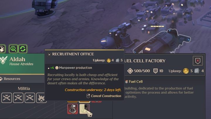 Gra nie oferuje wielu opcji nabywania ludzi gotowych do pracy, stąd zasób ten należy oszczędzać w początkowych fazach gry - Dune Spice Wars: Siła robocza - Dune Spice Wars - poradnik do gry