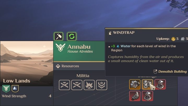 Każdy Oddzielacz wiatru zapewnia 3 jednostki wody, za każdą jednostkę siły wiatru w regionie - Dune Spice Wars: Woda - Dune Spice Wars - poradnik do gry