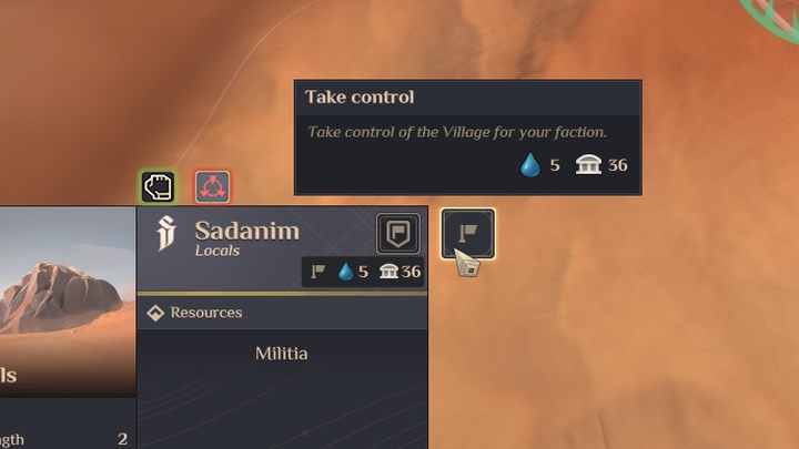 W taki oto sposób przejmujecie wioski - poczekajcie aż zielony pasek się zapełni zostawiając przynajmniej jedną jednostkę w obszarze miasta - Dune Spice Wars: Początek gry krok po kroku - Dune Spice Wars - poradnik do gry