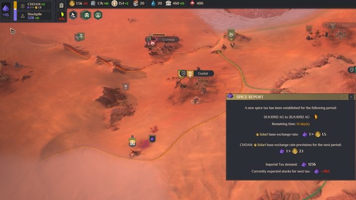 W górnym lewym rogu ekranu widzicie, ile przyprawy zdobywacie dziennie i pionowym suwakiem określacie, ile magazynujecie (na trudne czasy bądź na cele podatku), a ile wymieniacie na Solari po obecnym kursie - Dune Spice Wars: Początek gry krok po kroku - Dune Spice Wars - poradnik do gry