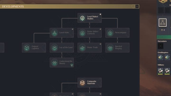Zaraz po przejęciu pierwszej wioski otrzymacie dostęp do panelu Postępy / Badania (Developments) - Dune Spice Wars: Początek gry krok po kroku - Dune Spice Wars - poradnik do gry