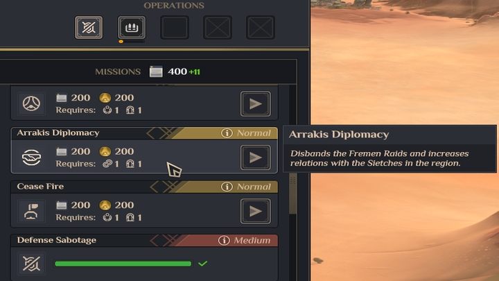 Wykorzystanie misji agentów: Dyplomacja Arrakis powoduje poprawę relacji o 40pkt - Dune Spice Wars: Sicze (Sietches) - Dune Spice Wars - poradnik do gry