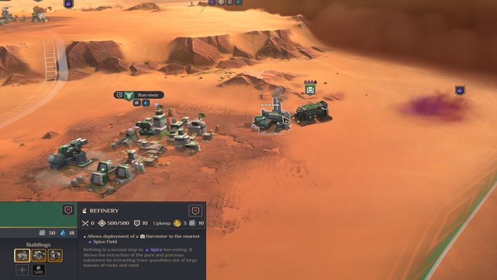 Aby móc postawić rafinerię, musicie znaleźć region, na którym znajduje się przyprawa - fioletowa ikona proszku, ponadto unosi się nad nią fioletowa mgiełka - Dune Spice Wars: Rafineria - jak zbudować? - Dune Spice Wars - poradnik do gry