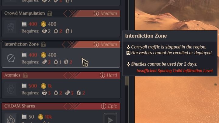 Aby to zrobić, należy skorzystać z operacji Strefa zakazu lotów (Interdiction Zone), która uniemożliwia loty w wybranym regionie - Dune Spice Wars: Lądowisko - jak używać? - Dune Spice Wars - poradnik do gry