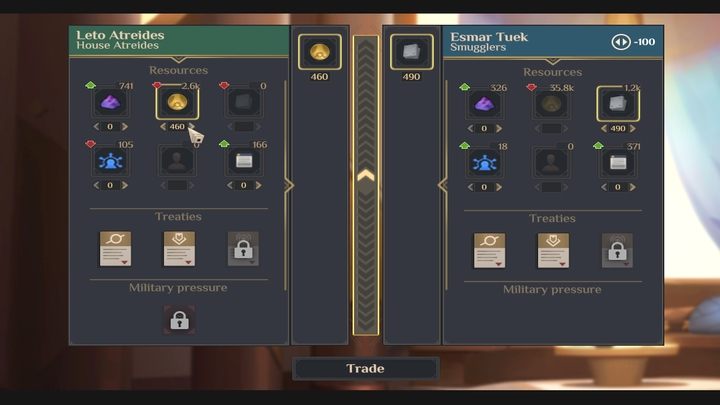 Aby handlować, po prostu przesuńcie strzałkami wskaźnik pod ikoną surowca i wybierzcie po stronie drugiej frakcji inny surowiec - Dune Spice Wars: Handel, wymiana i traktaty - Dune Spice Wars - poradnik do gry