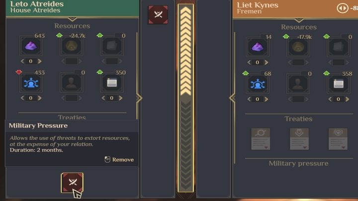 Nacisk wojskowy to specjalna umiejętność, którą odblokujecie wraz z badaniami drzewka Wojskowości (czerwone) - Dune Spice Wars: Handel, wymiana i traktaty - Dune Spice Wars - poradnik do gry