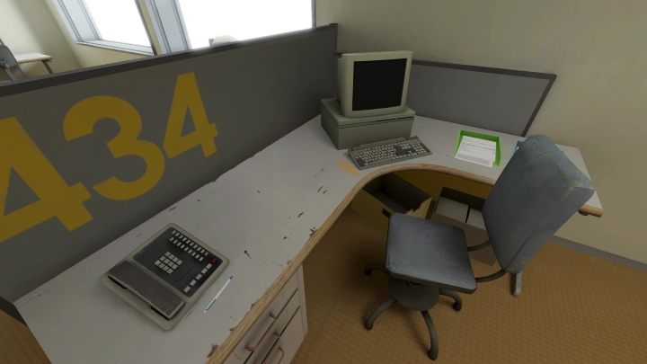 W pierwszym pomieszczeniu z biurkami podejdźcie do stanowiska pracy o numerze 434 - Stanley Parable Ultra Deluxe: Przed wyborem drzwi - wszystkie zakończenia - Stanley Parable Ultra Deluxe - poradnik do gry