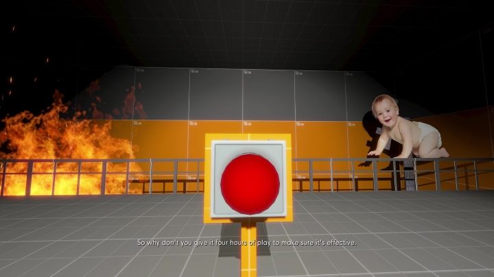 Polega ona na tym, że przez 4 godziny musicie naciskać czerwony przycisk, aby kartonowa makieta dziecka nie wpadła w ogień - The Stanley Parable Ultra Deluxe: Prawe drzwi - Stanley Parable Ultra Deluxe - poradnik do gry