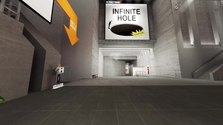 Dalej znajduje się wielki szyld informujący Was o nieskończonej dziurze (Infinite hole) - Stanley Parable Ultra Deluxe: Nowa zawartość (new content) - Stanley Parable Ultra Deluxe - poradnik do gry