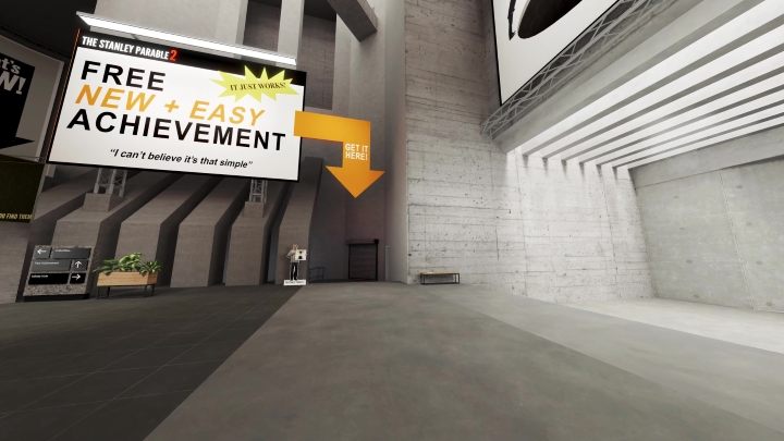 Zaraz obok wejścia do nieskończonej dziury zobaczycie wielki szyld z informacją o nowym (i łatwym) osiągnięciu - Stanley Parable Ultra Deluxe: Nowa zawartość (new content) - Stanley Parable Ultra Deluxe - poradnik do gry