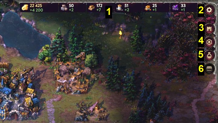 Przy górnej krawędzi ekranu są informacje o surowcach (1 na obrazku) - ilość posiadanych oraz przypływ co turę (zielona liczba) - Songs of Conquest: Eksploracja i interfejs użytkownika - Songs of Conquest - poradnik do gry