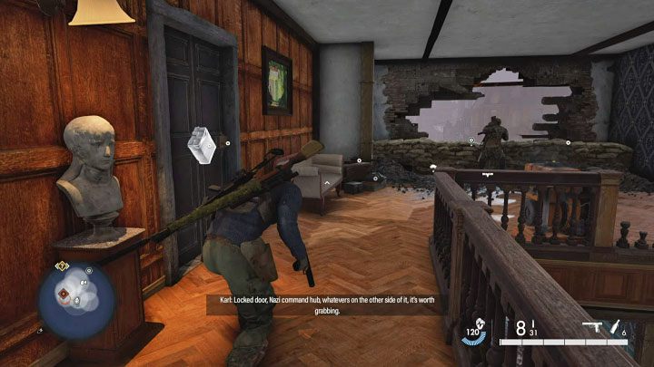 Musicie dotrzeć na piętro (uwaga - jeden z żołnierzy może w międzyczasie zejść na parter - Sniper Elite 5: Cel z listy misji 8: Shinji Yoshikawa - solucja, opis przejścia - Sniper Elite 5 - poradnik do gry