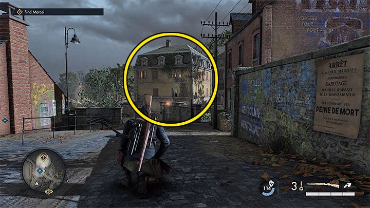 Do kryjówki będącej żółtym budynkiem możecie zbliżyć się z dwóch głównych stron - ze wschodu lub z północnego-wschodu - Sniper Elite 5: Odzyskanie informacji ruchu oporu (misja 1) - solucja, opis przejścia - Sniper Elite 5 - poradnik do gry