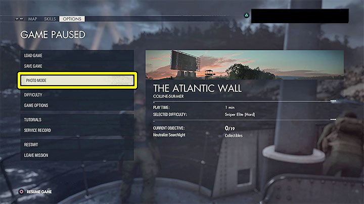 Opcja aktywacji trybu fotograficznego znajduje się w menu pauzy - zaznaczyliśmy ją na powyższym obrazku - Sniper Elite 5: Tryb fotograficzny (Photo Mode) - Sniper Elite 5 - poradnik do gry