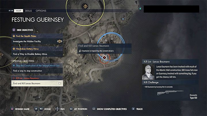 Lanzo Baumanna przez całą misję przebywa na terenie placu budowy, gdzie konstruowana jest druga bateria Mirus, z którą powiązany jest odrębny poboczny cel misji (sabotowanie prac nad długim działem) - Sniper Elite 5: Cel z listy misji 5, Lanzo Baumann - solucja, opis przejścia - Sniper Elite 5 - poradnik do gry