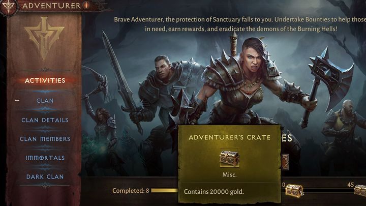 Jeśli należycie do klanu, w zakładce Awanrutnik (Adventurer) znajdziecie dodatkowe skrzynie nagród do odbioru, w ilościach 10, 20 i 30 tysięcy sztuk złota, za kolejno 15, 30 i 45 ukończonych Zleceń - liczonych dopiero, gdy należycie do klanu - Diablo Immortal: Zlecenia (Bounties) - Diablo Immortal - poradnik do gry
