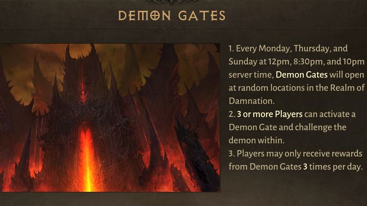 Wrota Demontów to wydarzenie, które odbywa się w poniedziałki, czwartki i niedziele w godzinach (czas serwera) - Diablo Immortal: Kraina Potępienia (Realm of Damnation) - mapa lokacji - Diablo Immortal - poradnik do gry