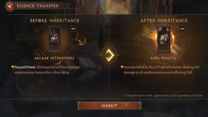 Dowolny przedmiot tego samego typu może odziedziczyć własność innego przedmiotu - Diablo Immortal: Esencja - wyciąganie, przenoszenie - Diablo Immortal - poradnik do gry