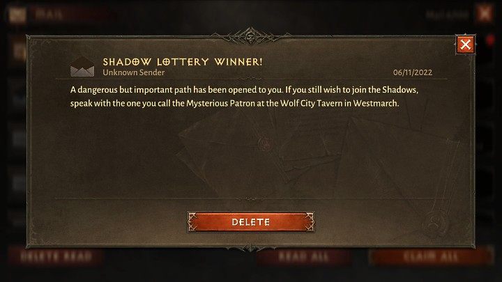 Gdy losowanie dobiegnie końca, otrzymacie wiadomość od nieznanego nadawcy - Diablo Immortal: Loteria cieni (Shadow Lottery) - zasady, jak wygrać - Diablo Immortal - poradnik do gry