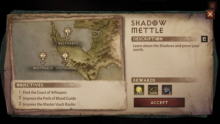 W następnej kolejności porozmawiajcie z barmanem, a otrzymacie listę trzech celów do wykonania - Diablo Immortal: Loteria cieni (Shadow Lottery) - zasady, jak wygrać - Diablo Immortal - poradnik do gry