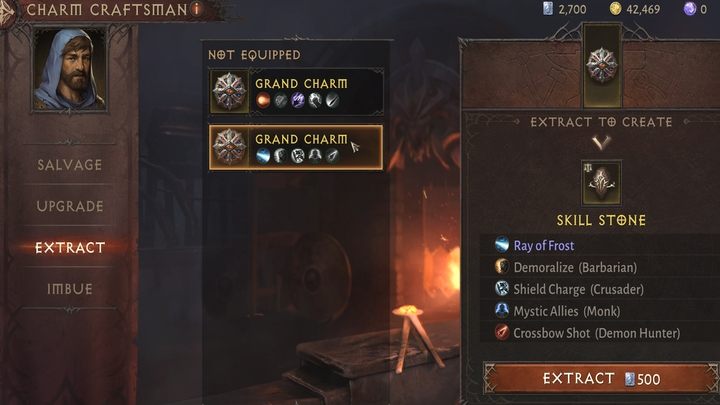 Dostępne są dwie operacje: Pozyskaj (Extract) i Nasyć (Imbue) - Diablo Immortal: Talizmany (Charms) - Diablo Immortal - poradnik do gry