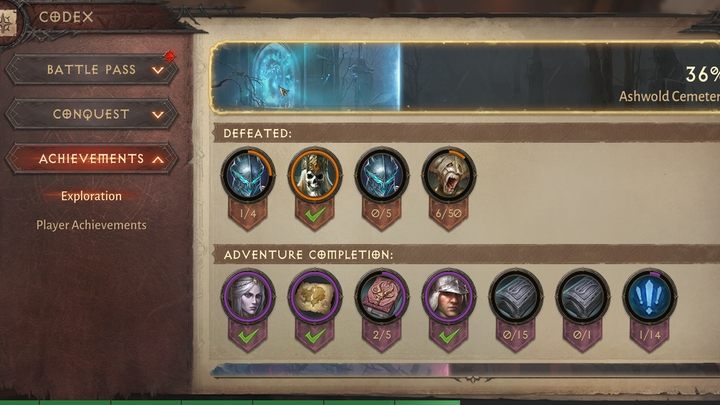 Jeśli należycie do grupy graczy, którzy lubią zadania poboczne i sekrety, w Kodeksie znajdziecie Osiągnięcia Eksploracji, które wymagają od Was wykonania konkretnych zadań lub odnalezienia sekretów, bądź eliminacji wskazanych rzadkich przeciwników x-razy, ale wraz z poziomem trudności Piekło, odbl - Diablo Immortal: Aktywności w fazie Endgame - Diablo Immortal - poradnik do gry