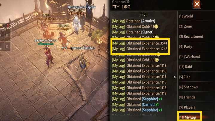 Aby tego dokonać, kliknijcie na czat i z paska po prawej stronie sprawdźcie ostatnią pozycję - Logi - Diablo Immortal: Doświadczenie - jak szybko zdobywać? - Diablo Immortal - poradnik do gry