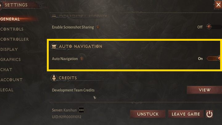 Jeśli z jakiegoś powodu funkcja autonawigacji nie chce działać, upewnijcie się, że jest ona aktywna otwierając okno opcji -> ogólne (general) i znajdując autonawigację na dole strony - Diablo Immortal: Autonawigacja - jak działa? - Diablo Immortal - poradnik do gry