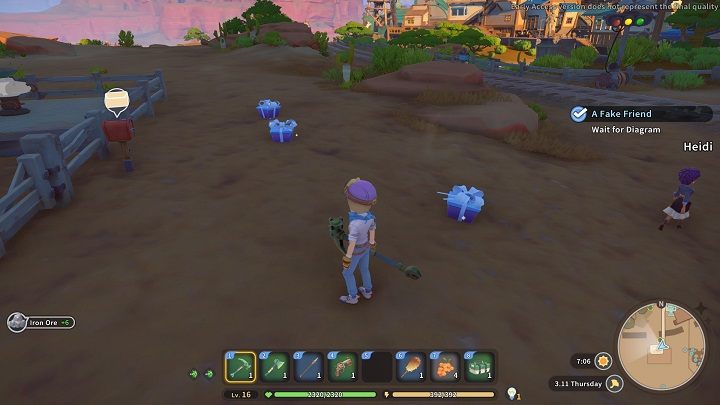 W kolejnych dniach, aż do ukończenia pierwszej fazy zadania, pod waszym warsztatem znajdziecie prezenty od mieszkańców zawierające materiały, jedzenie, itp - My Time at Sandrock: In Trusses we Trust - solucja, opis przejścia - My Time at Sandrock - poradnik do gry