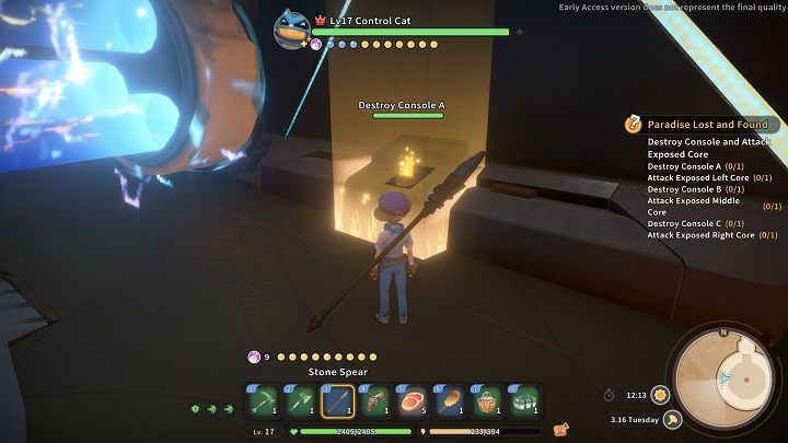 Konsola A jest z prawej strony - uderzcie ją kilka razy, a zostanie zniszczona - My Time at Sandrock: Paradise Lost and Found - solucja, opis przejścia - My Time at Sandrock - poradnik do gry