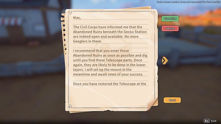 Misję można rozpocząć po ukończeniu misji głównej In Trusses we Trust oraz po przeczytaniu listu od Civil Corps z informacją o otwarciu Gecko Station Ruins - My Time at Sandrock: A Window to the Cosmos - solucja, opis przejścia - My Time at Sandrock - poradnik do gry
