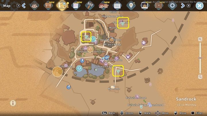 Aby skorzystać z systemu szybkiej podróży, należy udać się do dowolnego punktu Yakmel Station (ikony stacji oznaczyliśmy na obrazku powyżej) - My Time at Sandrock: Szybka podróż - jak korzystać? - My Time at Sandrock - poradnik do gry